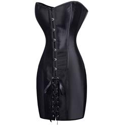 Lace Up Satin Corset Dress, Black Long Corset Partywear, Black Satin Corset Dress, #N8598