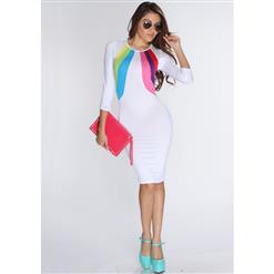 White Knee Length Party Dress, Multi Color Block Midi Dress, Rainbow Bodycon Casual Dress, #N8659