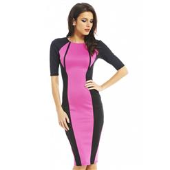 2/5 Sleeve Slim Knee-Length Dress, Black and Pink Short Sleeve Pencil Dress, Contrast Colour Evening Midi Dress, #N8910