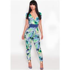 Short Sleeve Deep V Neck Jumpsuit, Watercolour Print Sash Playsuit, Empire Waist Watercolour Print Overalls, #N8938