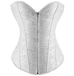 Embroidered Corset, White Floral Brocade Corset, Jacquard Zipper Corset, Sexy White Satin Overbust Corset for Bride, Wedding White Corset, #N8969