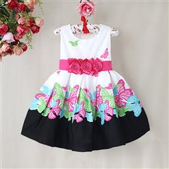 Butterfly Print Pleated Girls Dress, Whirte and Black Floral with Big Bow Dress, Butterfly Pattern Paty Princess Dress, #N9008