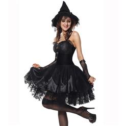 Sexy Black Lace Braces Witch Mini Dress Adult Halloween Fancy Ball Thetrical Costume N9168