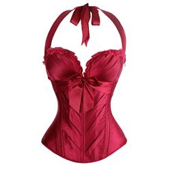 Red Satin Halter Corset, Low Cup Overbust Corset, Padded Bra Boned Corset, #N9181