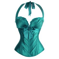 Turquoise Satin Halter Corset, Low Cup Overbust Corset, Padded Bra Boned Corset, #N9182