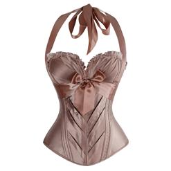 Champagne Satin Halter Corset, Low Cup Overbust Corset, Padded Bra Boned Corset, #N9327