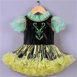 High Quality Green Mesh Lace Black Satin Short Sleeves Yellow Organza Princess Dress N9581