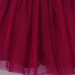 Wine-red Satin Organza Waist Front Four Buttons 3D Flower Princess Dress N9592