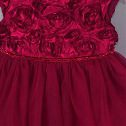 Wine-red Satin Organza Waist Front Four Buttons 3D Flower Princess Dress N9592