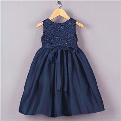 Noble Dark-blue Satin Sequin Princess Dress, Fold Sleeveless Princess Dress, Ribbon Waist Back Hidden Zip And Adjustable Straps Bow Princess Dress, #N9594