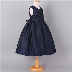 Noble Dark-blue Satin Sequin Ribbon Waist Fold Sleeveless Princess Dress N9594