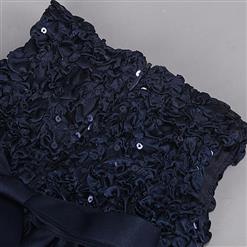 Noble Dark-blue Satin Sequin Ribbon Waist Fold Sleeveless Princess Dress N9594