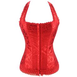 Fashion Elegant Red Halter Satin Jacquard Weave Lace Edge Corset N9728