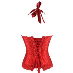 Fashion Elegant Red Halter Satin Jacquard Weave Lace Edge Corset N9728