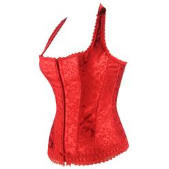 Fashion Elegant Red Halter Satin Jacquard Weave Lace Edge Corset N9728