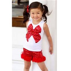 Cheap Little Girl Outfits , Red And White Sequins Tops, Plume Edging Shorts, #N9736