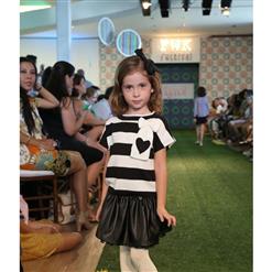 Fashion Black White Stripe Side Big Bowknot Tops And Black Leather Skirt Outfits N9739