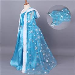 Fashion Blue Cape Outfits, Elegant Snowflake Print Dress , Cheap High Quality Sleeveless Outfits, Fairy Blue Princess Cape Costume, #N9809