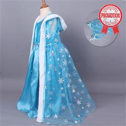 Fashion Blue Cape Outfits, Elegant Snowflake Print Dress , Cheap High Quality Sleeveless Outfits, Fairy Blue Frozen Elsa Cape Costume, #N9809