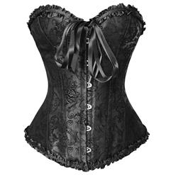 Unique Black Flock Printing Steel Boned Strapless Busk Closure Lace Up Corset N9982