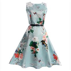 Vintage Dresses for Girls, Floral Print Dress, Sleeveless Dress, Round Collar Dress, Back Zipper Dress, Retro Dresses for Girls, Swing Dress, #N15473