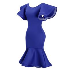 Women's Sexy Blue Round Neck Flare Sleeve Bodycon Fishtail Dress N15641