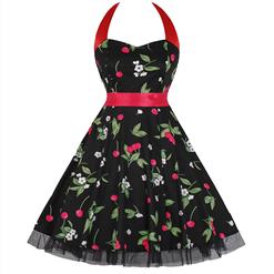 Vintage Sweetheart Neckline Halter Backless Cherry Print Casual Swing Knee-length Dress N14854