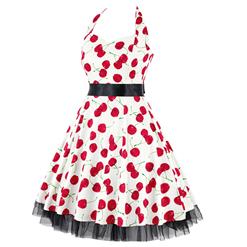 Vintage Sweetheart Neckline Halter Backless Cherry Print Casual Swing Knee-length Dress N14853