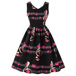 Women's Black Vintage V Neck Sleeveless Music Notes Print Swing Tank Dress N15787