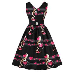 Women's Black Vintage V Neck Sleeveless Music Notes Print Swing Tank Dress N15787