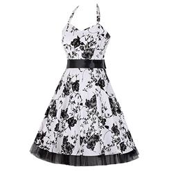 Vintage Sweetheart Neckline Halter Backless Flower Print Casual Swing Knee-length Dress N14849