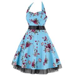 Vintage Sweetheart Neckline Halter Backless Flower Print Casual Swing Knee-length Dress N14848