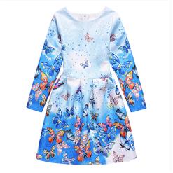 Girl's Vintage Blue Long Sleeve Round Collar 50's Butterfly Print A-Line Dress N15500