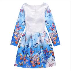 Girl's Vintage Blue Long Sleeve Round Collar 50's Butterfly Print A-Line Dress N15500