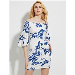 Women's Sexy White Flare Sleeve Off Shoulder Floral Print Bodycon Dresses N15803