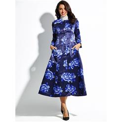 Women's Dark Blue Long Sleeve Single Button Floral Print Long Overcoat N15338