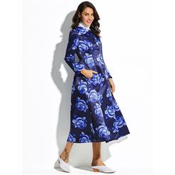 Women's Dark Blue Long Sleeve Single Button Floral Print Long Overcoat N15338