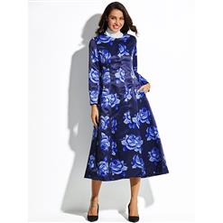 Women's Dark Blue Long Sleeve Single Button Floral Print Long Overcoat N15338