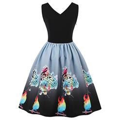 Women's Black Vintage V Neck Sleeveless Music Theme Print Swing Tank Dress N15913