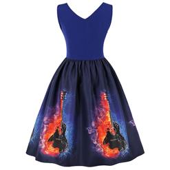 Women's Dark-Blue Vintage V Neck Sleeveless Music Instrument Print Swing Tank Dress N15912