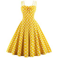 Sexy Yellow Vintage Strappy Polka Dot Printed Swing Summer Day Dress N17097