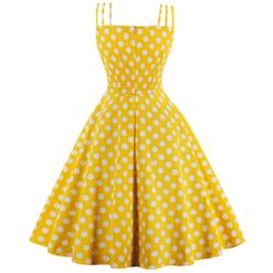 Sexy Yellow Vintage Strappy Polka Dot Printed Swing Summer Day Dress N17097