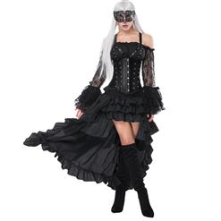 Women's Steampunk Plastic Boned Leather Strappy Satin Outerwear Corset High-low Skirt Set N16232