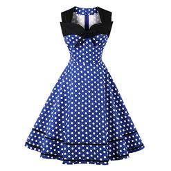 Women's Blue Vintage Sleeveless Dot Print Plus Size Swing Dress N15582