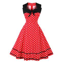 Women's Red Vintage Sleeveless Dot Print Plus Size Swing Dress N15581