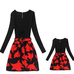 Mother and Daughter Vintage Dress, Fashion Mom＆Me Clothing, Vintage Dress for Mom＆Me, Dresses for Mom＆Me, Long Sleeve Dress for Mother and Daughter, Floral Print Tank Mini Dress, #N15534