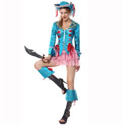 4 Piece Sexy Blue-pink Inwrought Lace V-neck Pirate Adult Roel Play Costume with Hat P1521