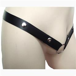 Sexy Black Faux Leather O-ring Rivet G-string Crotchless Underwear Thong PT17611