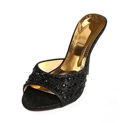 Satin High-heeled Mules, Rhinestone High-heeled Mules, Black Stiletto Heel Mules, #SWH11080