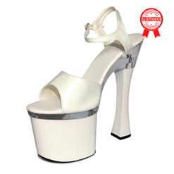 Stage Performance Sandals, White Sandals, Chunky High Heel Sandals, #SWS20065